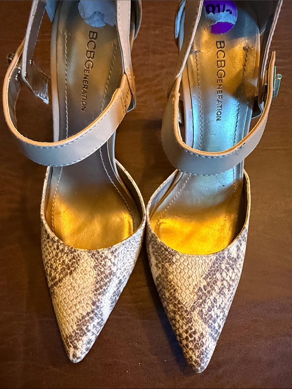 BCBG Neutral Taupe Snake-Print Pointed Ankle-Strap Heels - Picture 4 of 6